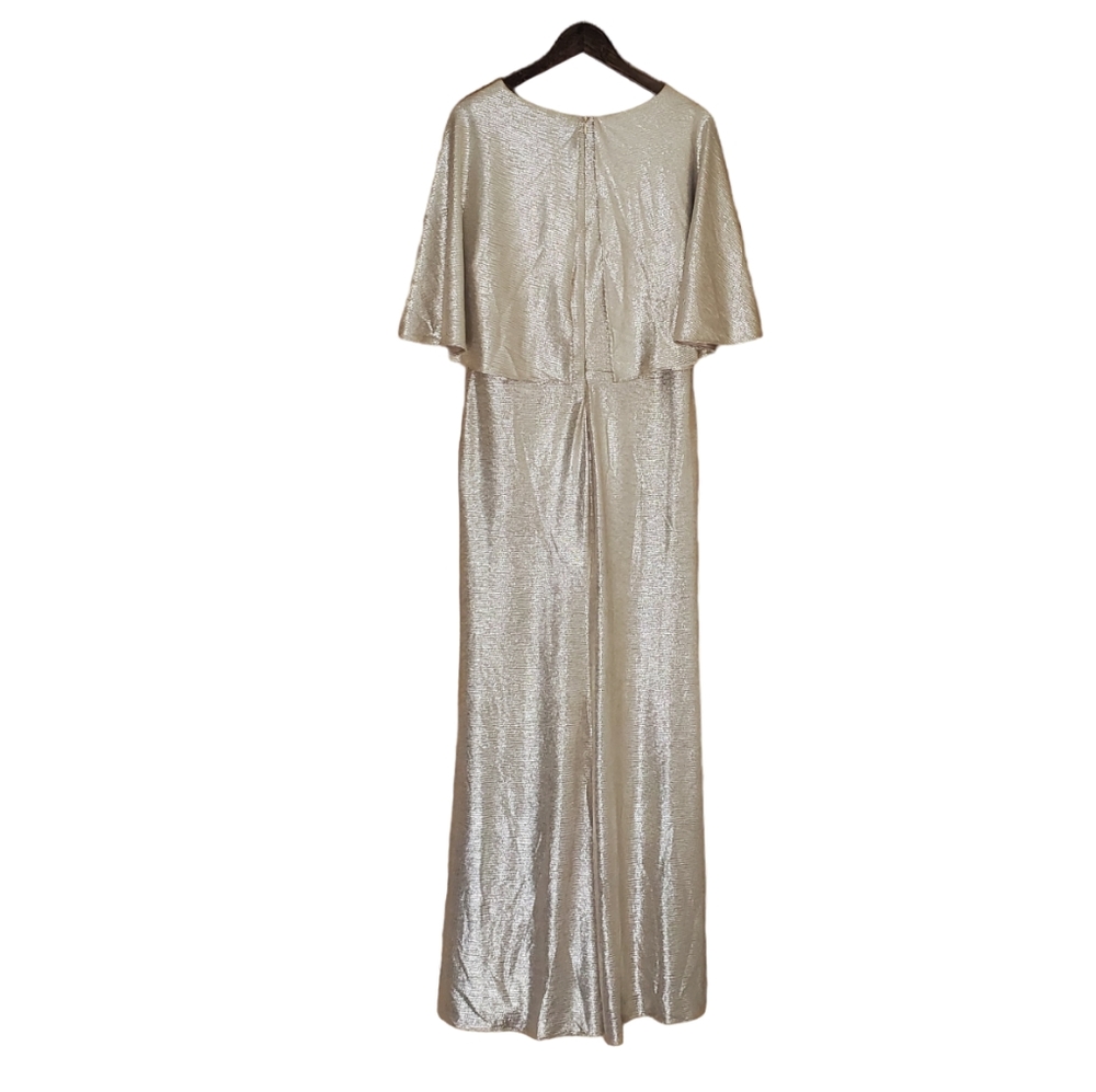 RALPH LAUREN | Gold Champagne Foil Print Jersey Cape Gown (Size 14) - Picture 4 of 15